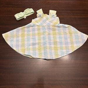 Bonnie Baby Pastel Blue, Green & White Seer Sucker Sun Dress W/ Bow. Size 12 Mth